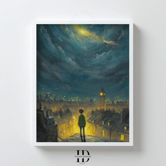 Starry London Night Wall Art Big Ben Print Child On Rooftop Illustration Whimsical Cityscape Poster Fantasy Sky Artwork