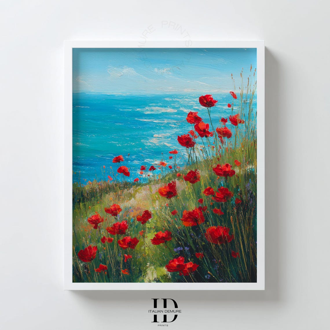 Red Poppies Coastal Cliff Ocean View Impressionist Flower Poster