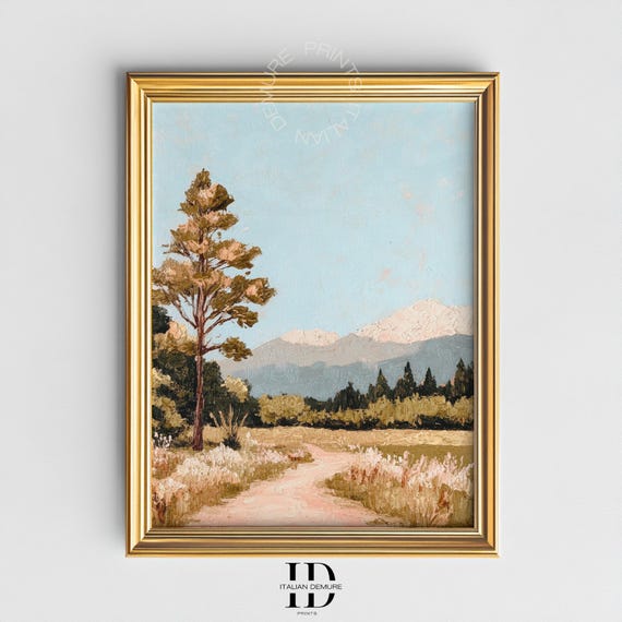Pastel Mountain Landscape Wall Art Peaceful Country Trail With Snowy Peaks Trees Serene Nature Decor For Calm Interiors