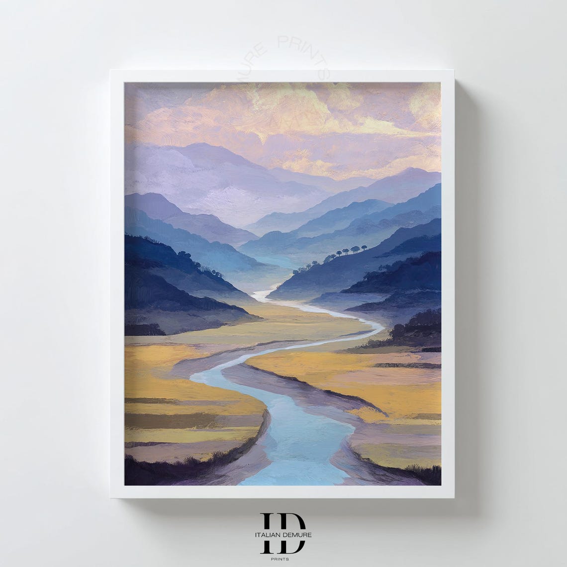 Serene Blue Mountain Valley Winding River Misty Landscape Wall Art
