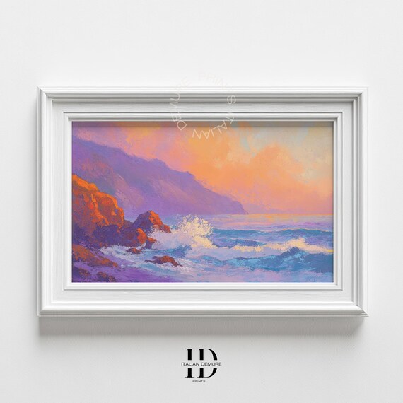 Vibrant Sunset Coastal Cliffs Impressionist Ocean Waves Purple Sky Art Poster