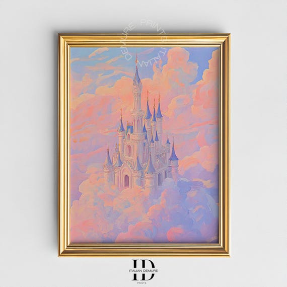 Dreamy Castle In The Clouds Print Fairytale Fantasy Wall Art Magical Sky Kingdom Painting Princess Pastel Decor