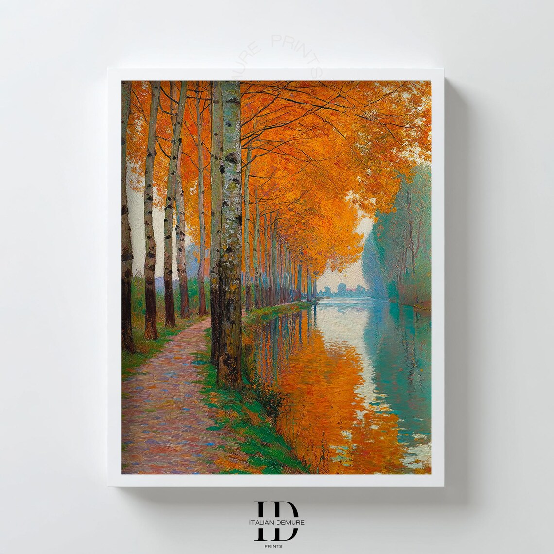 Autumn Path Wall Art Vibrant Fall Forest Tree Print Orange Leaves Landscape Painting River Reflection