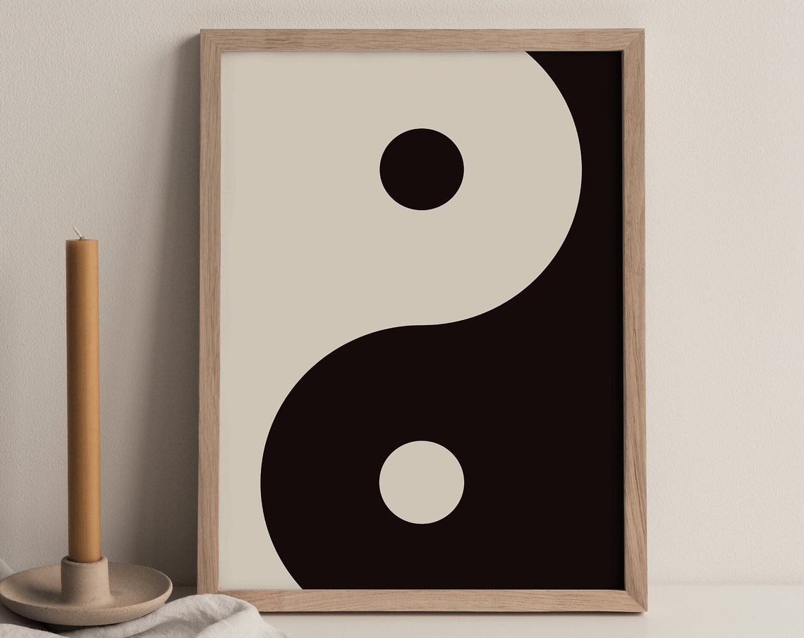Minimalist Yin Yang Symbol Beige and Black Modern Abstract Poster