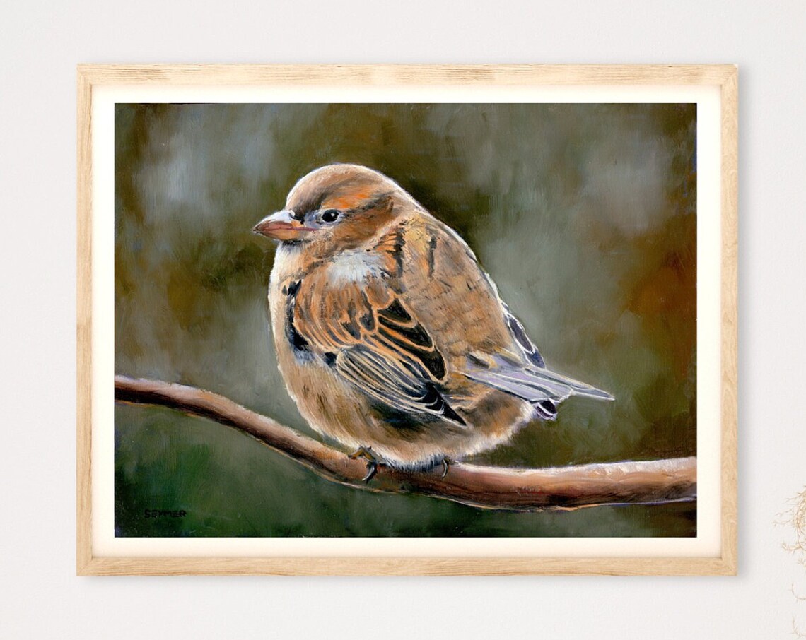 Brown Sparrow On Branch Realistic Bird Oil Painting Wildlife Poster - Image 5