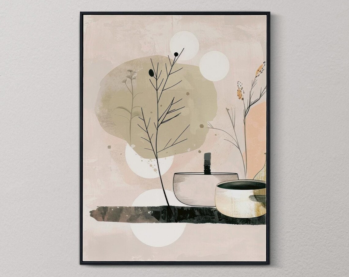 Wabi Sabi Still Life Bowls Branches Beige Minimalist Japanese Poster