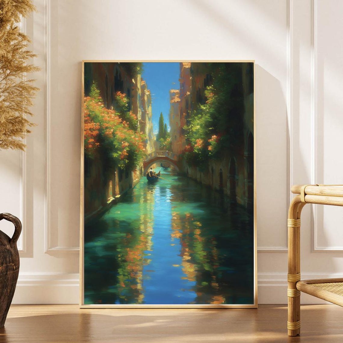 Venetian Canal Gondola Bridge Sunlit Italy Impressionist Art Poster
