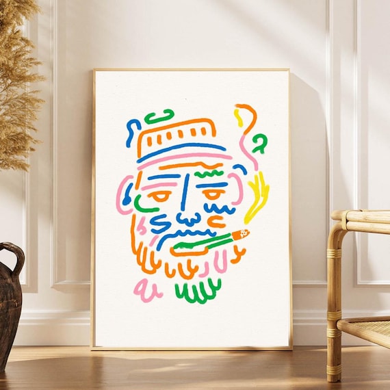 Colorful Abstract Portrait Poster Minimalist Line Art Face With Cigarette In Vibrant Modern Style