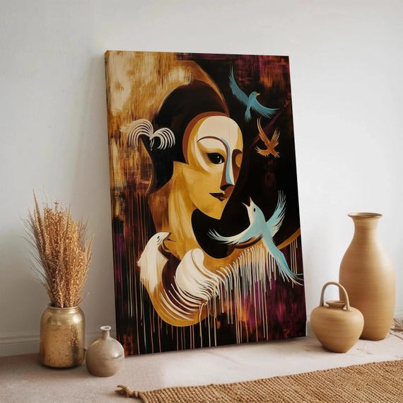 Abstract Woman Face Canvas Modern Wall Art With Birds Surreal Painting Colorful Portrait Boho Room Decor Framed Artwork