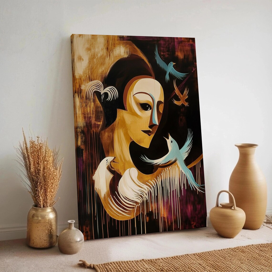 Abstract Woman Face Painting Gold Birds Dark Modern Portrait Canvas Poster