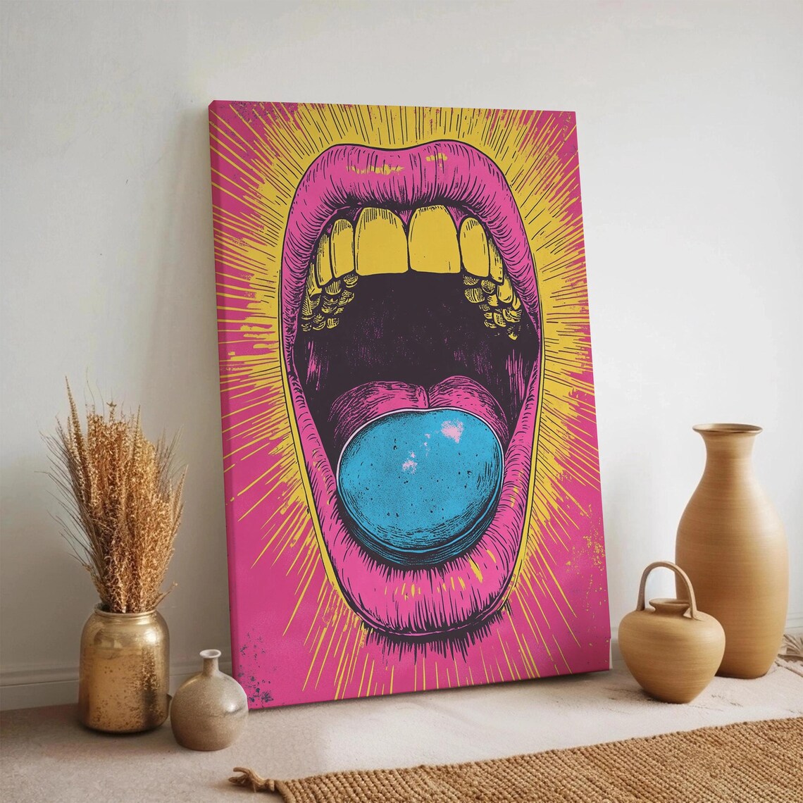 Bold Pop Art Screaming Mouth Painting Neon Lips Bubblegum Colorful Poster