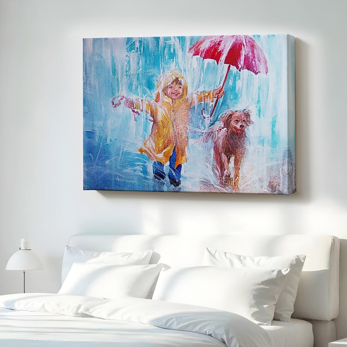 Boy Yellow Raincoat Red Umbrella Walking Dog Rain Oil Painting Art Poster