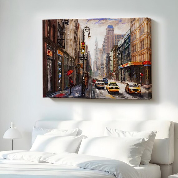New York Street Yellow Taxis Oil Painting Style Cityscape Wall Art