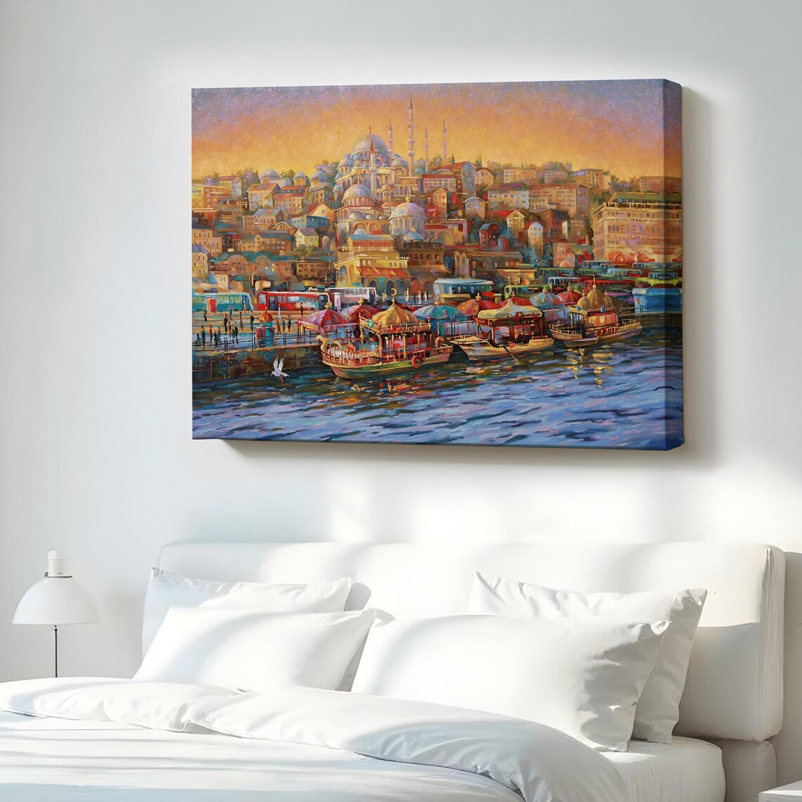 Istanbul Fishing Boats Sunset Harbor Mosques Oil Painting Style Poster