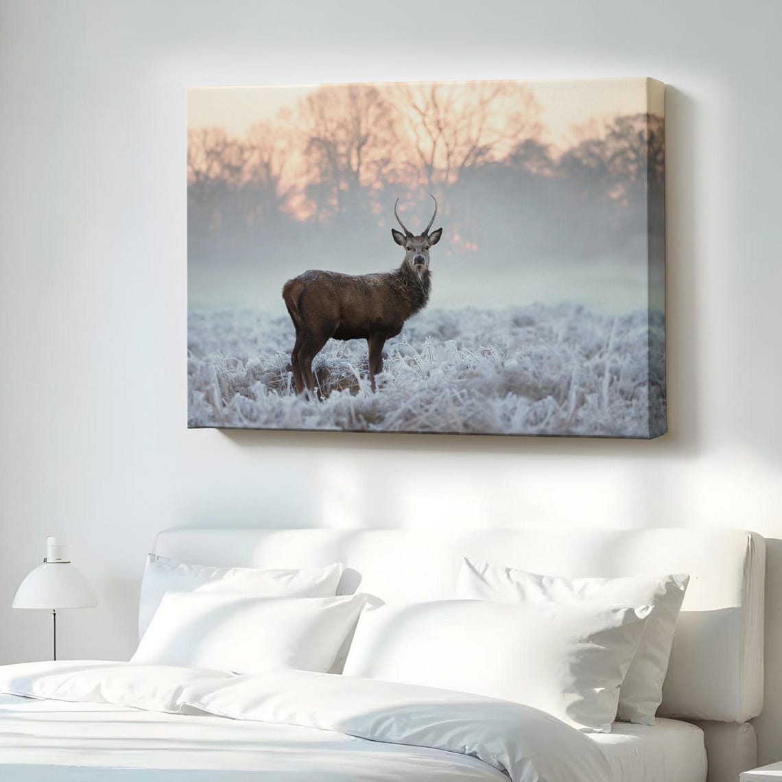 Majestic Deer Stag Frosty Meadow Dawn Mist Wildlife Wall Poster Art