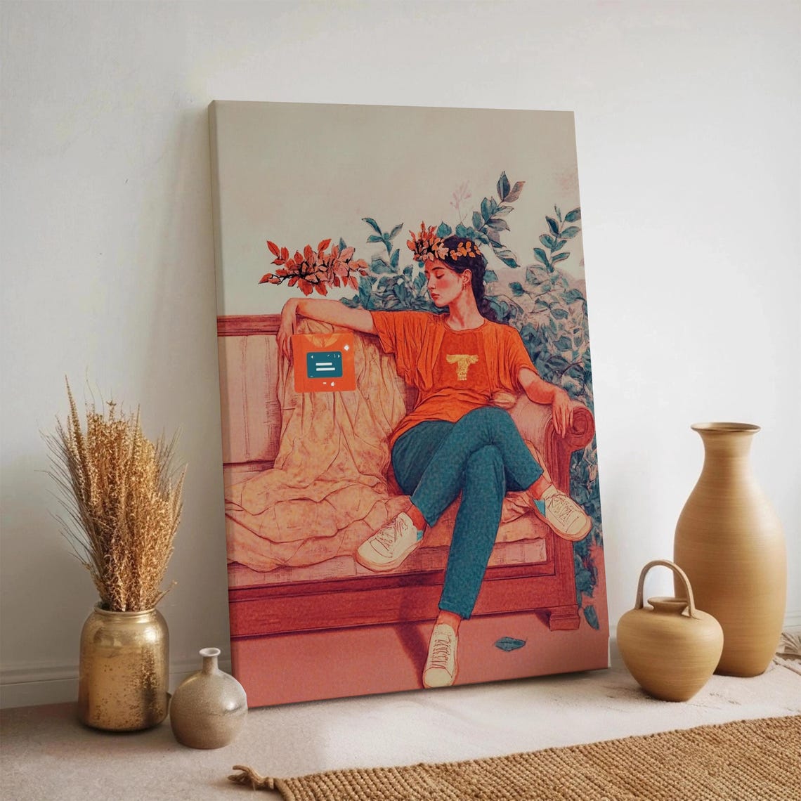 Retro Woman Lounging With Cassette Player Botanical Art Poster