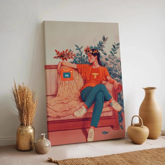 Retro Woman Lounging With Cassette Player Botanical Art Poster