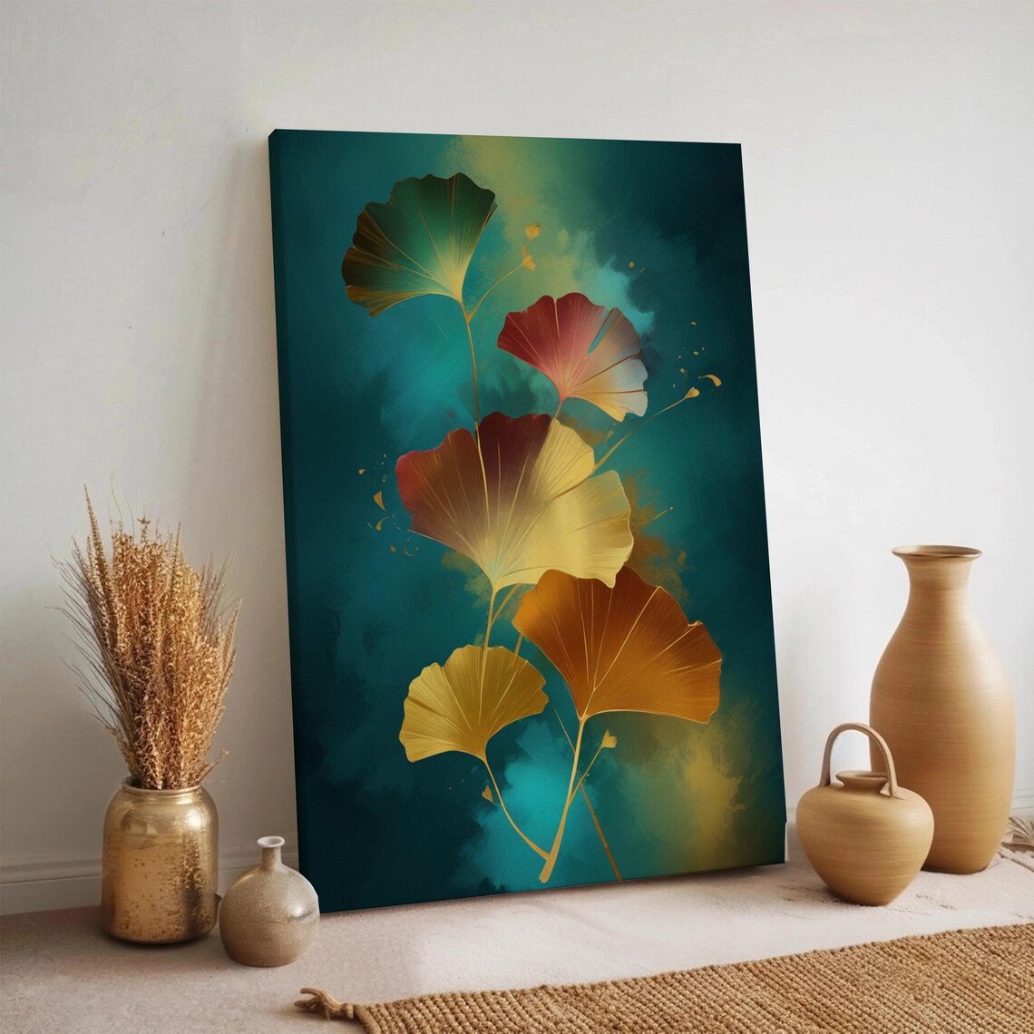 Ginkgo Leaf Canvas Wall Art Gold Botanical Print On Teal Modern Nature Decor Luxury Plant Artwork Framed Large Sizes Available