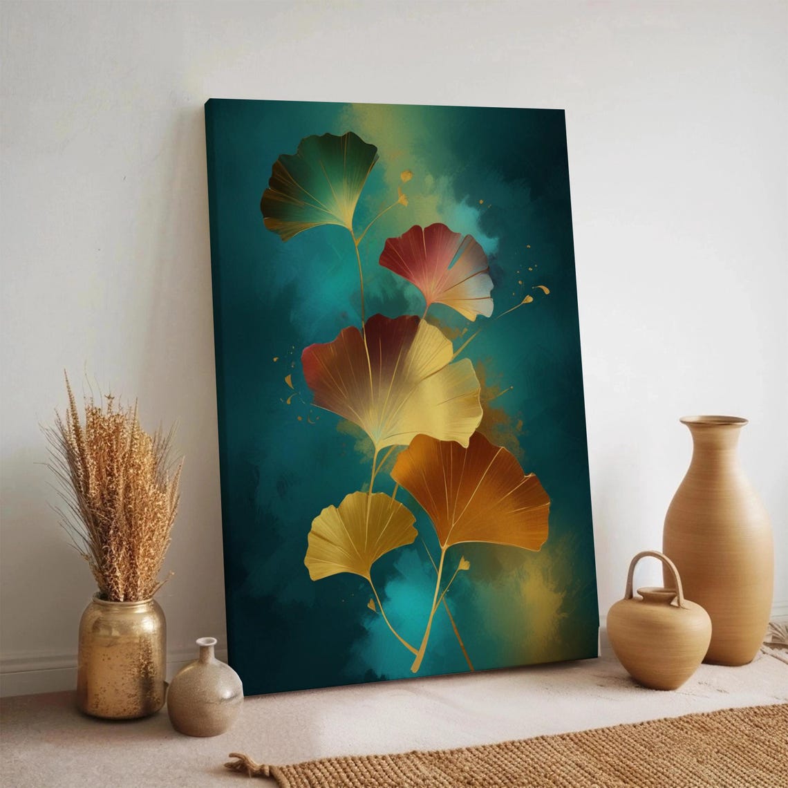 Gold Ginkgo Leaf Botanical Teal Wall Art Modern Nature Decor