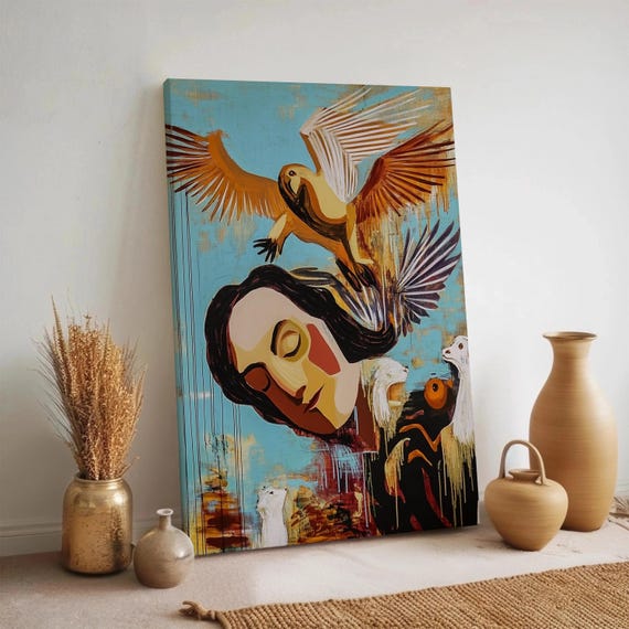 Surreal Woman Canvas Art Abstract Portrait With Birds Blue Orange Modern Wall Decor Framed Boho Artwork Colorful Contemporary Print
