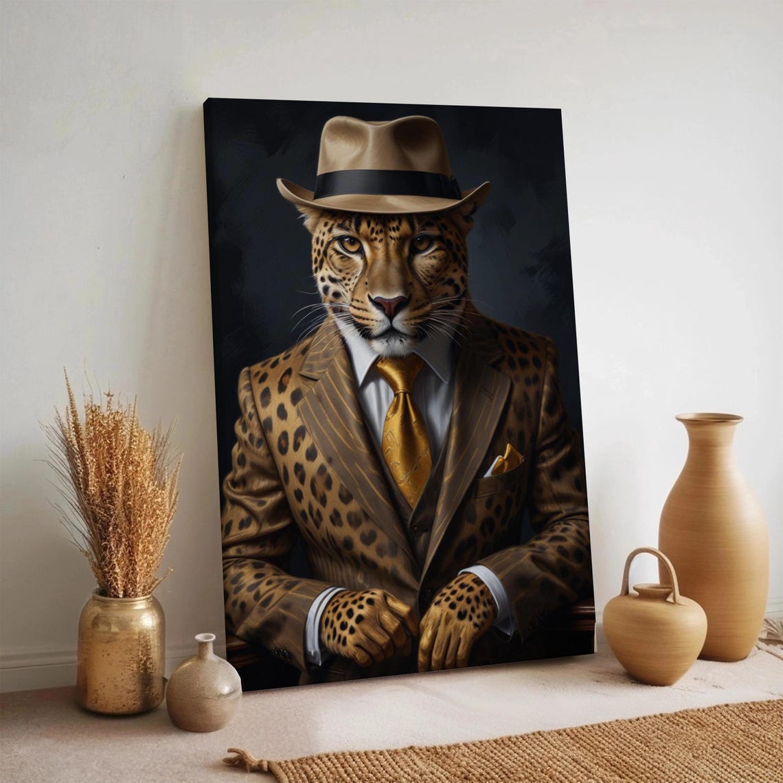 Leopard in Pinstripe Suit and Fedora Hat Elegant Animal Wall Art