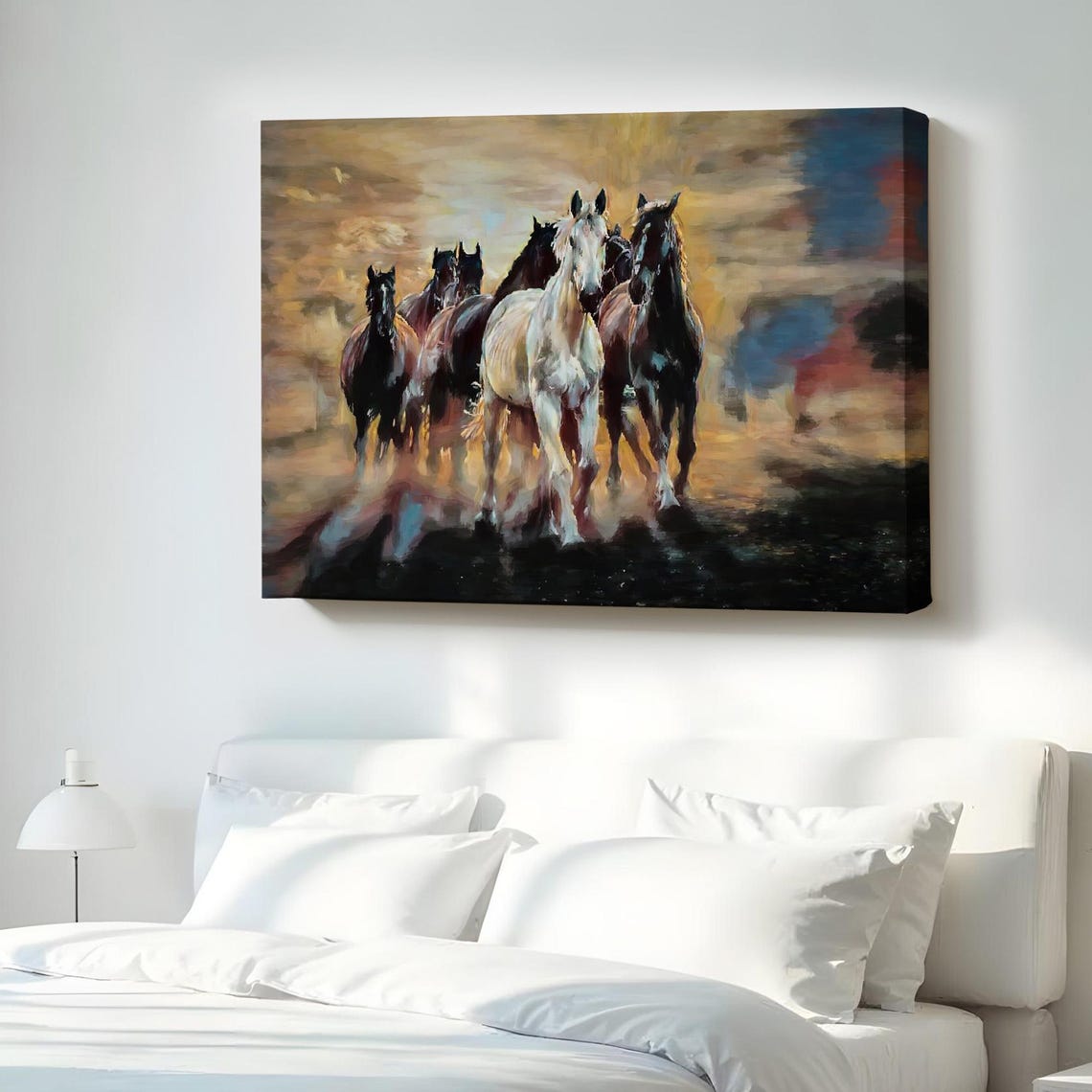 Galloping Horse Herd Sunset Painting Dynamic Equine Wall Poster
