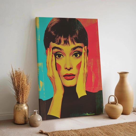 Retro Pop Art Woman Canvas Wall Color Block Portrait In Red And Teal Framed Feminine Artwork Mid Century Modern Style Accent