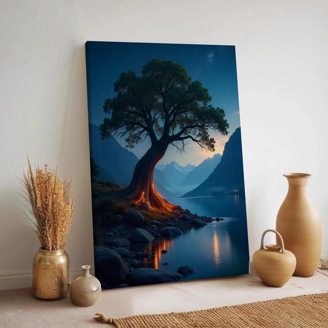 Glowing Tree Night Forest Lake Magical Mountains Landscape Art Poster