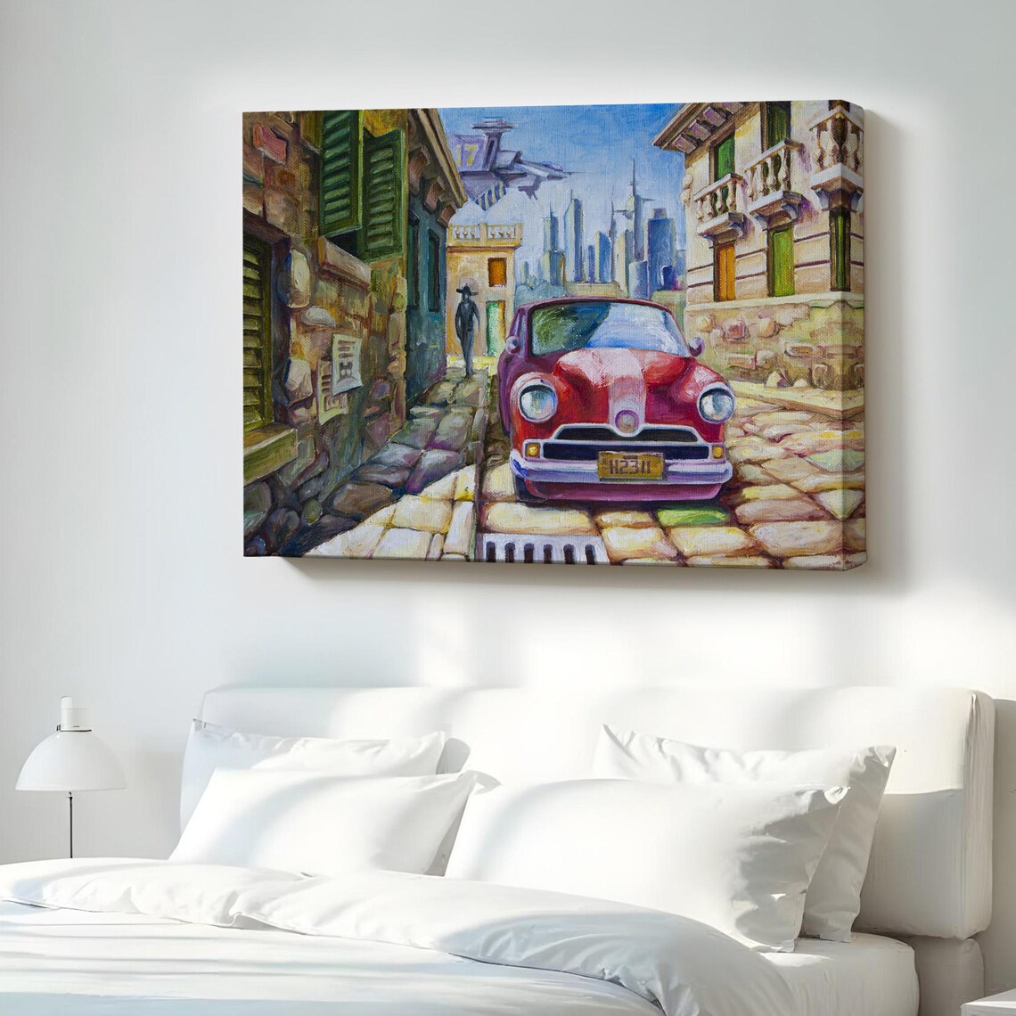 Vintage Red Car Cobblestone Street Old Town Painting Poster Art