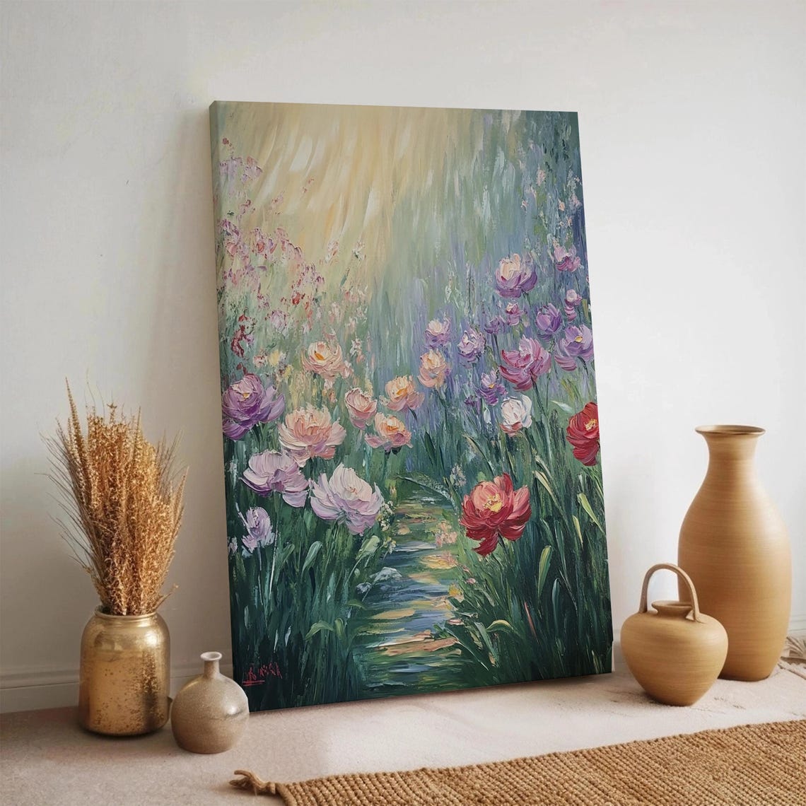 Impressionist Flower Garden Path Pink Poppy Blooms Canvas Poster