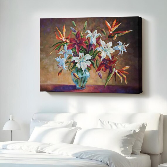 White Red Lilies Bouquet Glass Vase Oil Painting Floral Poster