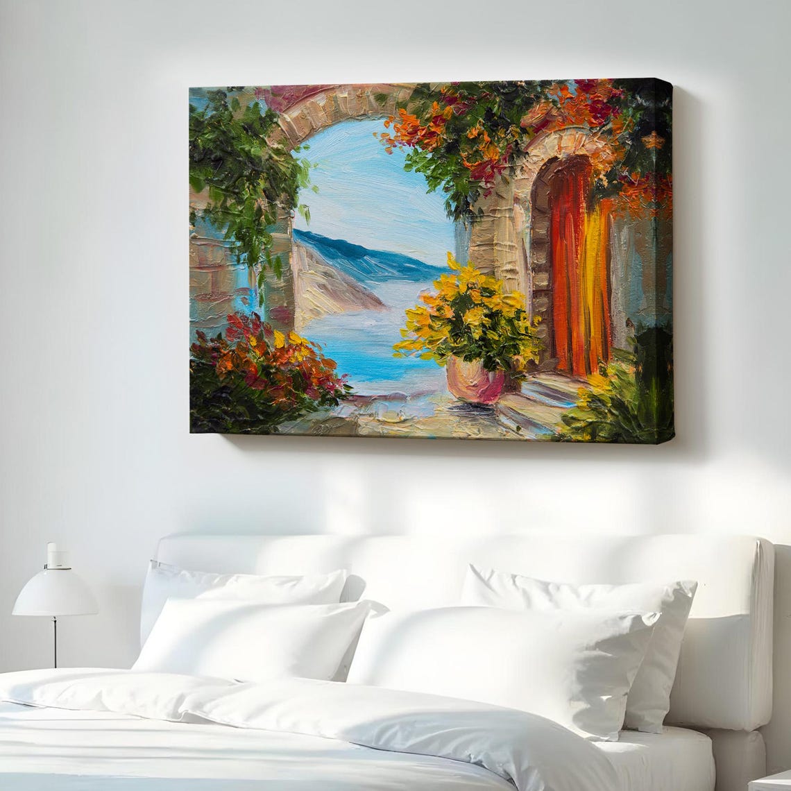 Sunlit Painted Seaside Arch Flower Terrace Blue Sea View Poster
