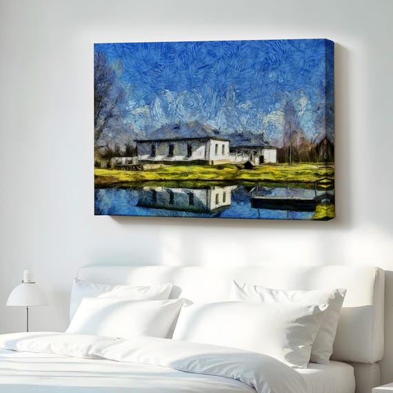 Village House By The Lake Decorative Wall Art Nature Decor Canvas Print Landscape Table