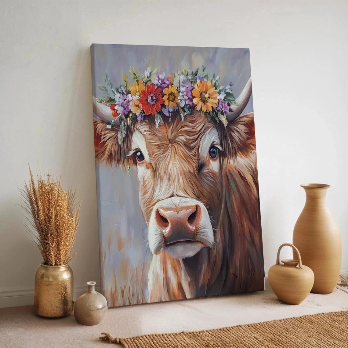 Highland Cow with Colorful Flower Crown Rustic Farmhouse Poster