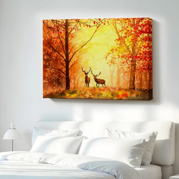 Deer In Autumn Forest Oil Painting Style Decorative Canvas Wall Art Nature Decor Landscape Table Print
