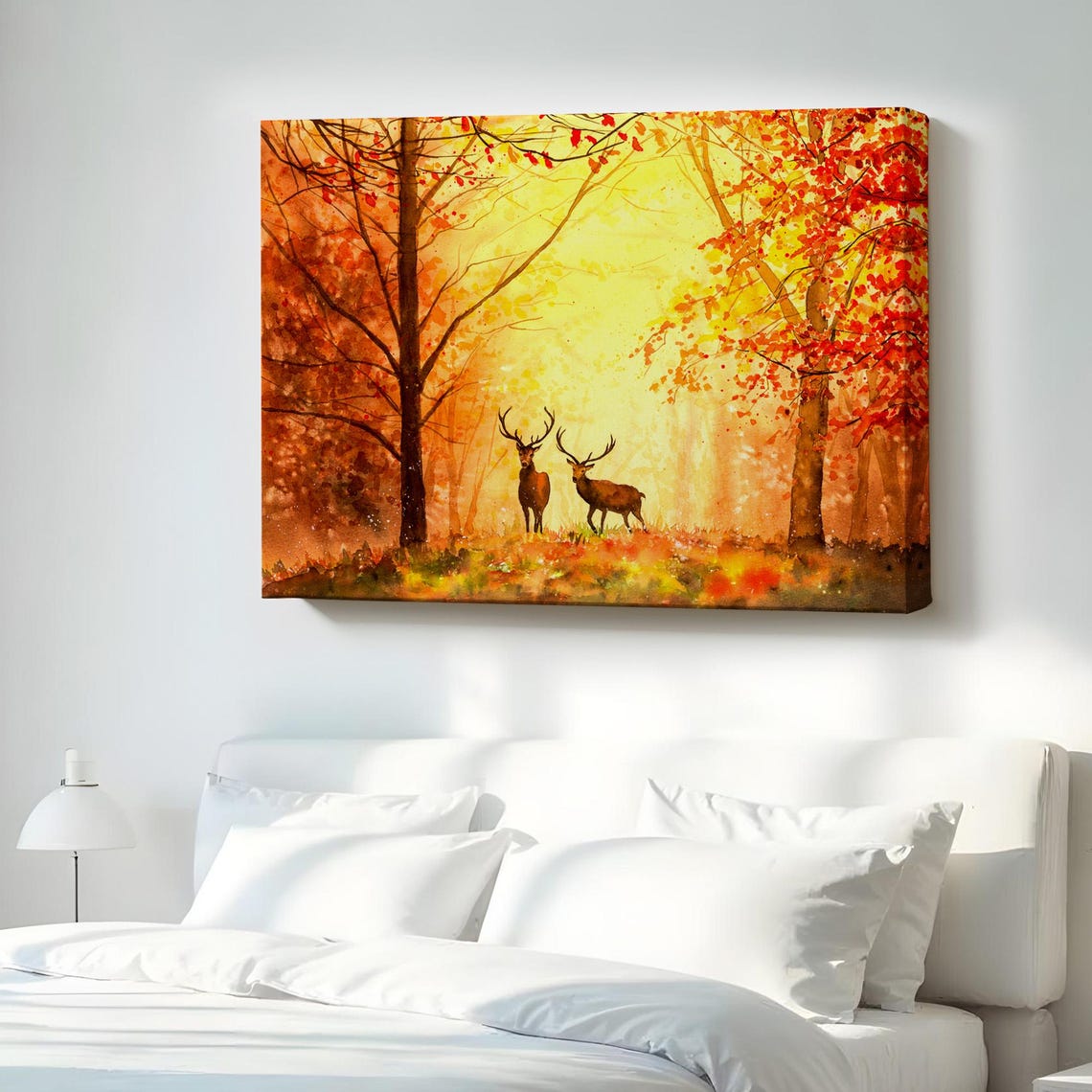 Two Deer in Autumn Forest Golden Light Watercolor Canvas Print