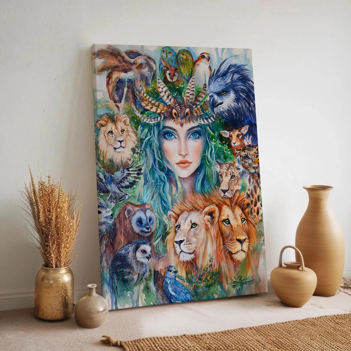 Nature Spirit Woman With Wildlife Watercolor Lion Owl Fantasy Poster