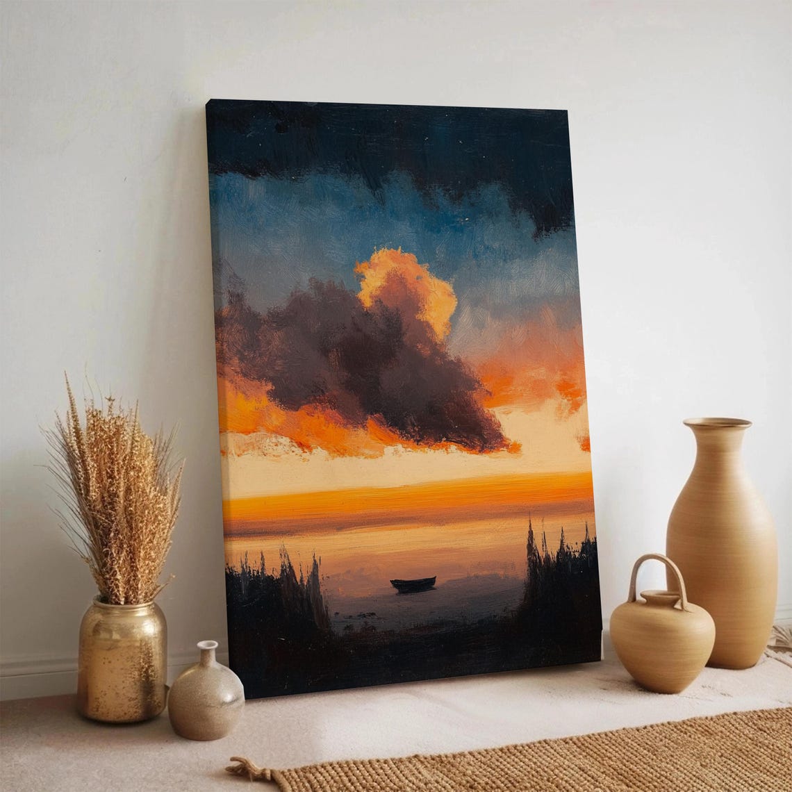 Lonely Boat Sunset Dramatic Cloudy Sky Lake Dark Painting Poster