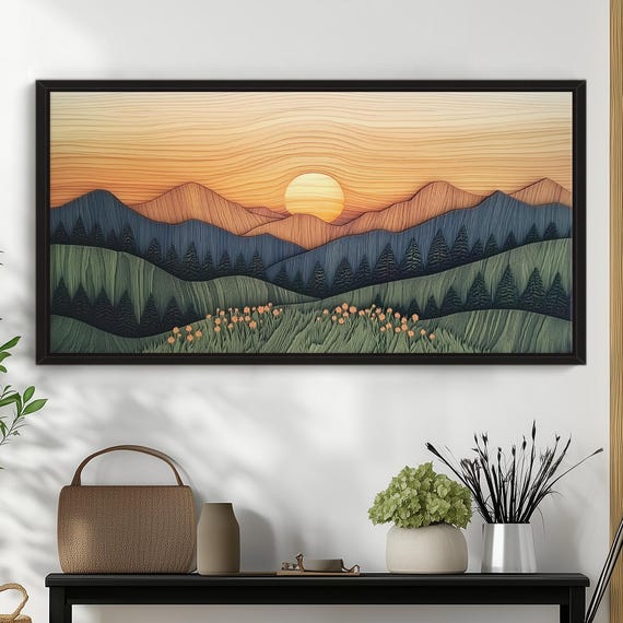 Rolling Hills And Wildflowers Layered Wood Canvas Tranquil Sunrise Scene Handmade Woodworking Wall Art Natureinspired Giclee Fine Print