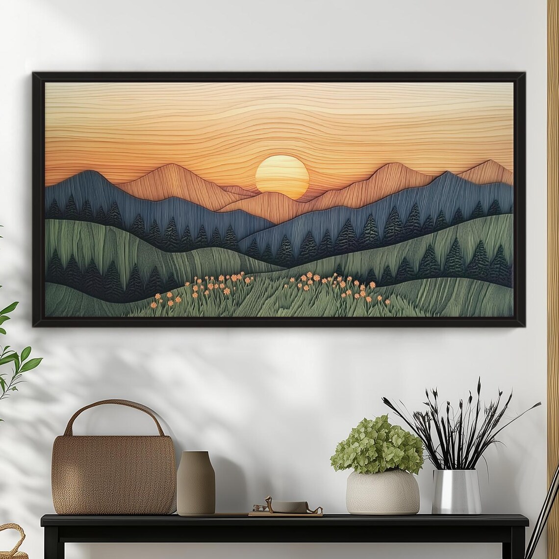 Layered Wood Rolling Hills Wildflowers Sunset Meadow Wall Art