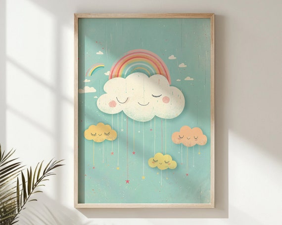 Smiling Clouds And Rainbow Nursery Wall Art Cute Weather Kids Posters Pastel Sky Baby Room Decor Instant Gift