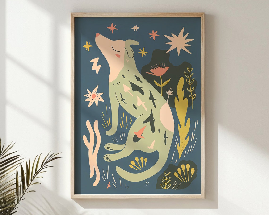 Howling Dog Night Stars Dreamy Celestial Folk Animal Wall Poster