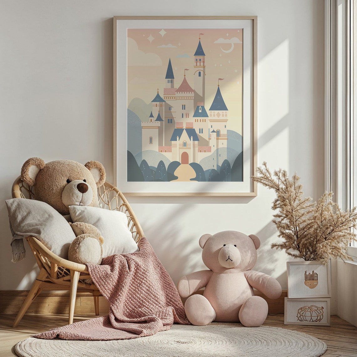 Pastel Fairytale Castle Blue Pink Turrets Crescent Moon Nursery Poster - Image 3