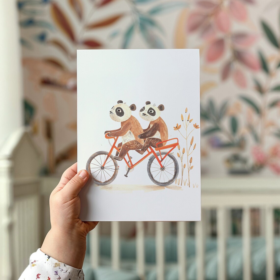 Two Pandas Riding Tandem Bicycle Watercolor Nursery Kids Room Poster - Image 2