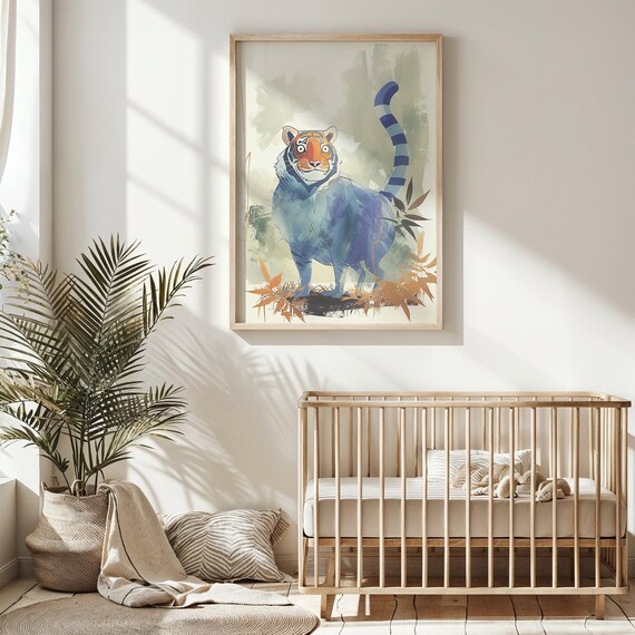 Whimsical Blue Tiger Watercolor With Orange Face Jungle Art Print