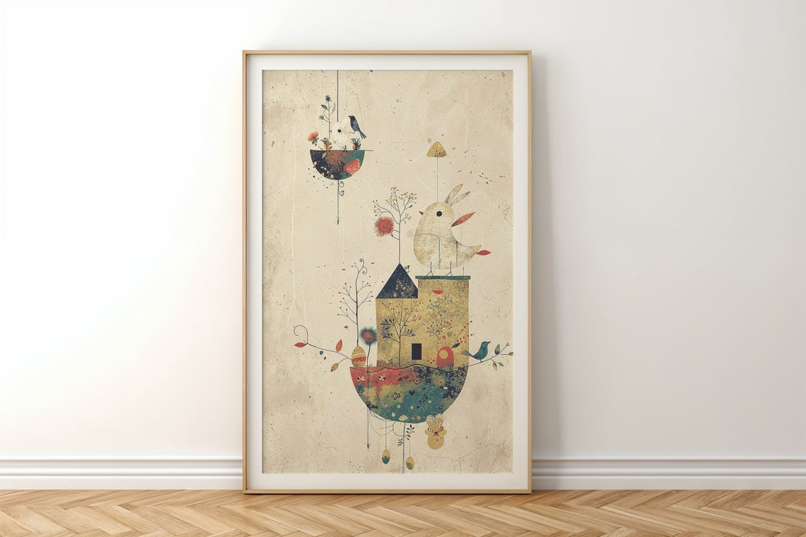 Whimsical Bird And House Collage Art Vintage Style Rustic Wall Art