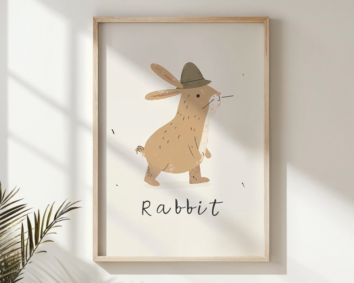 Rabbit Wearing Hat Cream Background Kids Nursery Bedroom Art Poster - Image 6