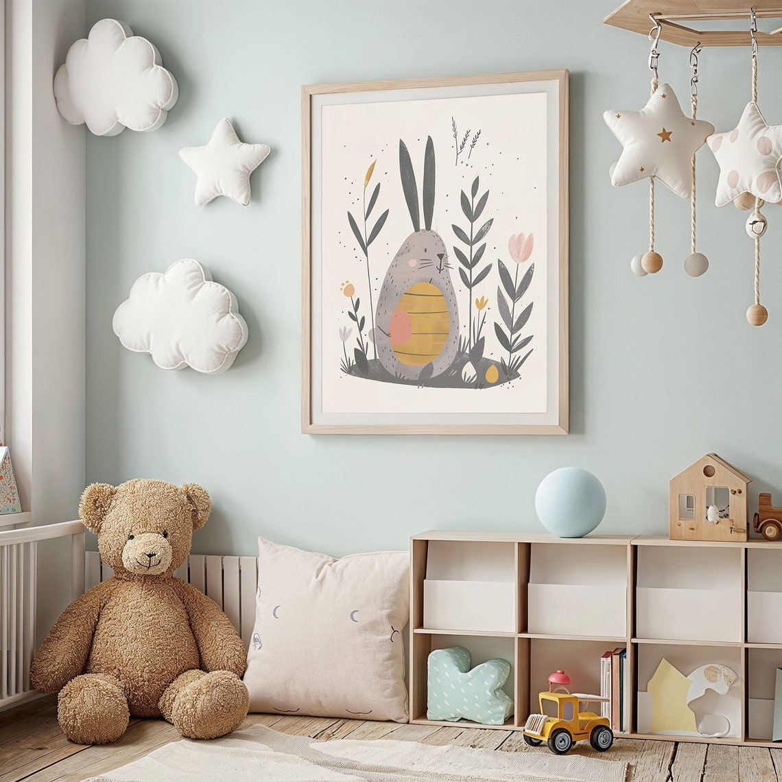 Gray Bunny Hugging Big Easter Egg Scandinavian Kids Room Poster - Image 2