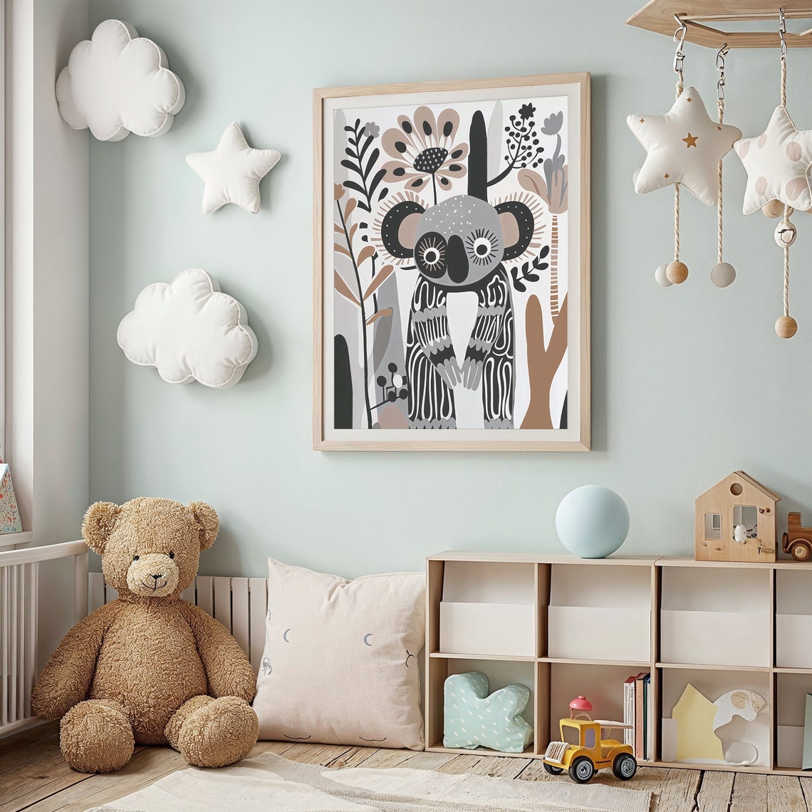 Monochrome Koala Folk Art Nursery Poster Black White Botanical Print - Image 2