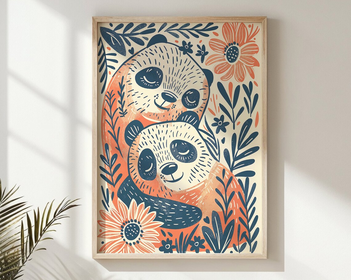 Two Pandas Floral Botanical Illustration Orange Navy Kids Wall Art Poster - Image 6